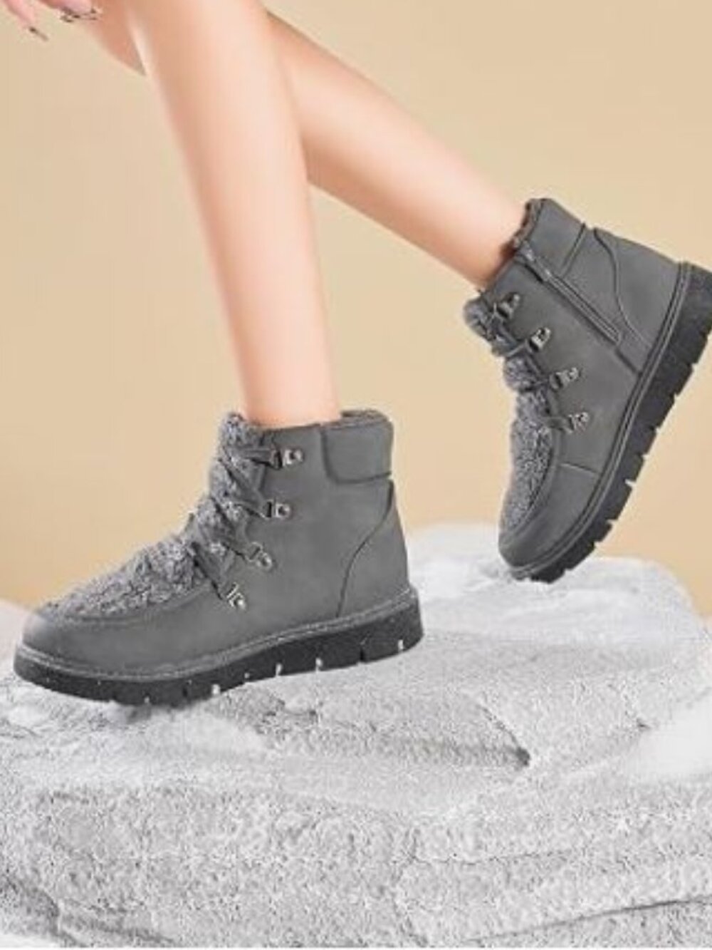 Gray Ankle Booties Warm Fuzzy w Zipper